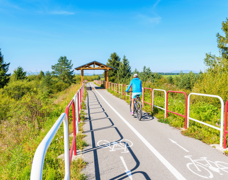 Radweg durch grüne Landschaft mit Radfahrer*in