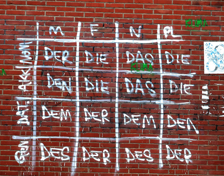 Foto: Artikel (Singular, Plural) der deutschen Sprache auf eine Wand gemalt