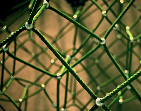 Foto: eine Netzwerk aus grünen Kletterseilen, die durch silberfarbene Metallstücke verbunden sind.