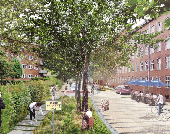 Foto: stilisierte verkehrsarme Strasse mit Grünanlage und geschäftigen Menschen (Fotomontage)