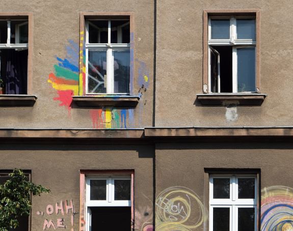 Foto: Fenster in einem unsanierten Altbau, die Mauer um das  Fenster ist mit Regenbogenfarben bemalt