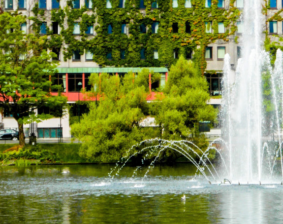 Teich mit Fontäne vor einem großen Haus mit viel Grün