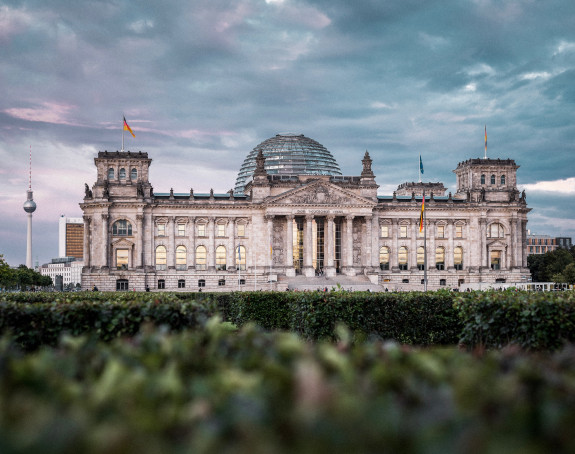 Bundestag mit Gras im Vordergrund