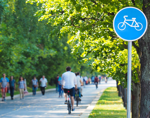 Foto: breit angelegter Fuß- und Radweg flankiert von Bäumen 