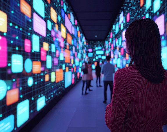 Menschen entlang eines Tunnel. Bunte Bildschirme erleuchten den Raum.