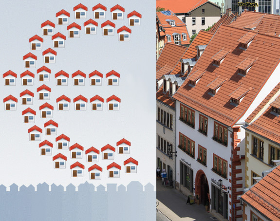 Kollage: Foto von Kleinstadtdächern und Eurosymbol aus kleinen Häusern