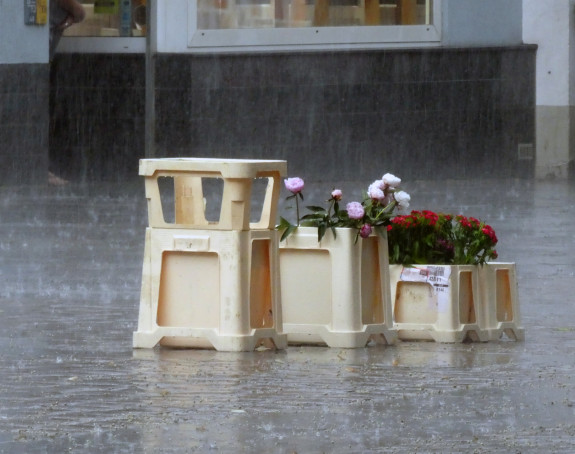 Foto: Blumenkübel im Starkregen