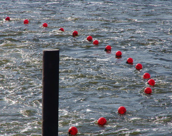 Foto: Eine Kette roter Bojen in einem Fluß