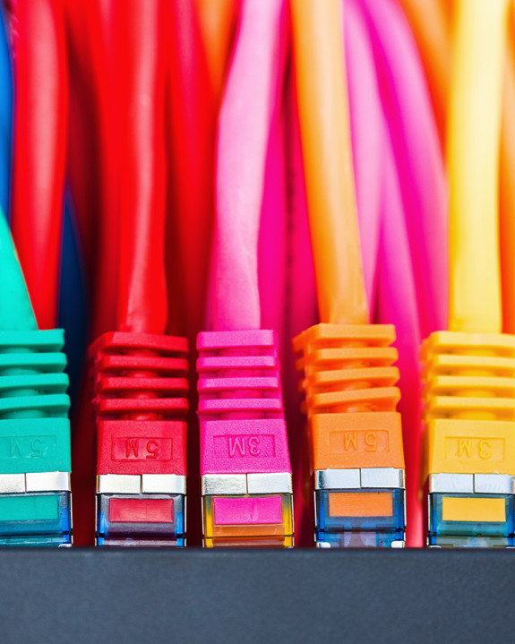 Großaufnahme: Bunte Lan-Kabel, eingesteckt in Gerät
