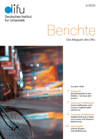 Cover des Berichte-Magazins mit einem Fahrrad und einer verschwommenen Stadtkulisse