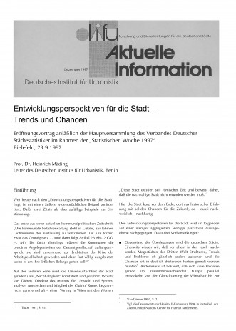 Cover: Entwicklungsperspektiven für die Stadt - Trends und Chancen