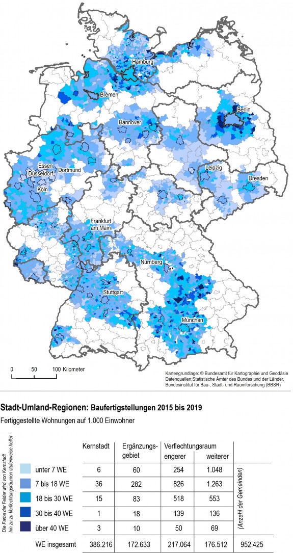 Deutschlandkarte mit Stadt-Umland-Regionen: Baufertigstellungen 2015-2019